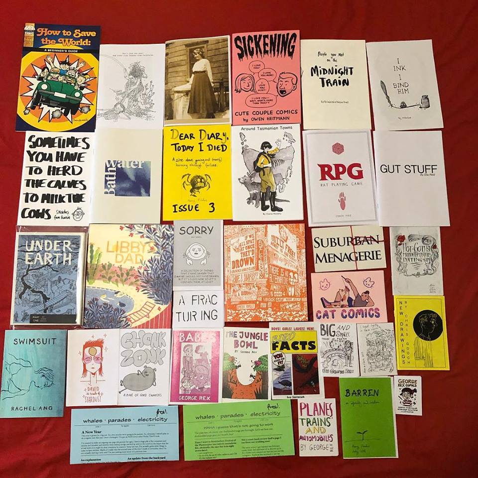 A photo of about 30 zines, of many different sizes and subject matter.